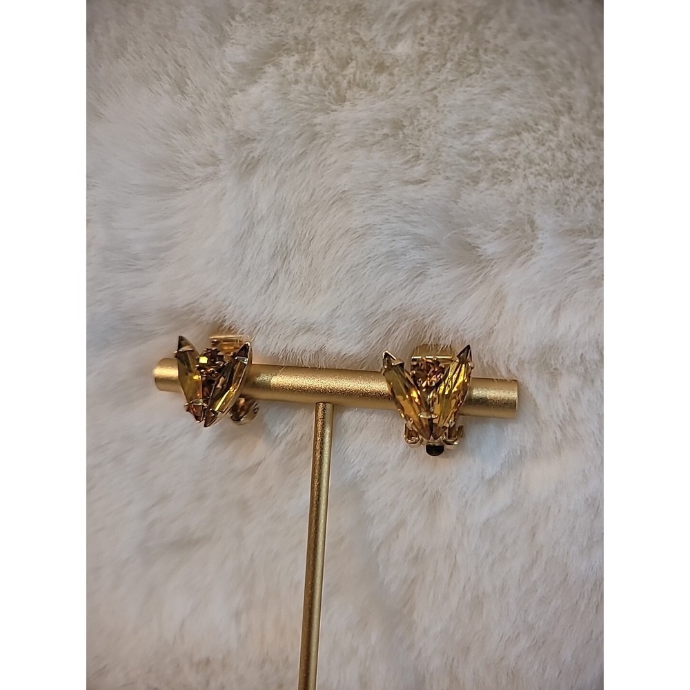 Vintage Clip On Brown Stone Earrings‎ Gold Tone Jewelry Costume